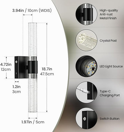 Battery Operated Wireless Wall Sconces Set of Two, Rechargeable Black Wall Sconce Set of 2 with Remote Control, Modern LED Wall Light for Bedroom, Living Room, Hallway (4000K)