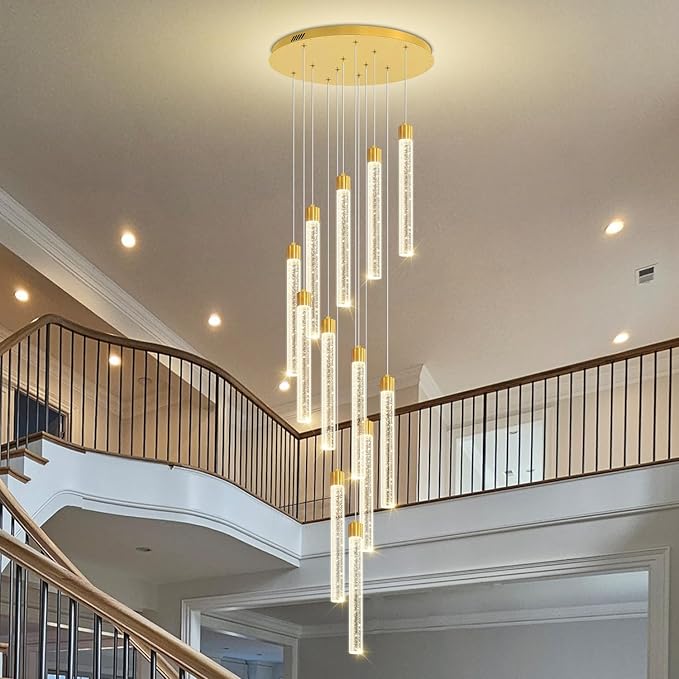 118'' Modern Glam Crystal Column Chandelier for High Ceiling LED Dimmable Pendant Light Staircase Foyer Enterway Living Room Ceiling Chandelier Lighting Gold 12 Lights