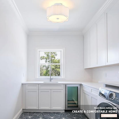 Drum Semi Flush Mount Ceiling Light, White Linen Fabric Shade Ceiling Light, Modern Farmhouse Close to Ceiling Light for Bedroom, Hallway, Living Room, Dining Room, Laundry Room