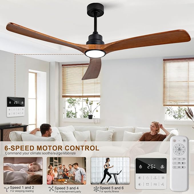 60 inch Ceiling Fans with Lights and Remote Control,Wall Switch,Solid Wood Blades,Dimmable,Reversible Noiseless,Power Off Memory Modern Black Ceiling Fan for Bedroom Patio Indoor/Outdoor Use