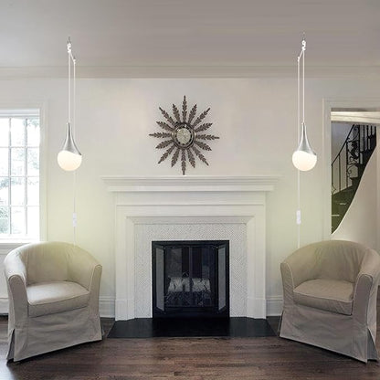 MWZ Brushed Nickel Plug in Pendant Light,Hanging Lights with On/Off Switch Cord,Mini Silver Pendant Lights for Kitchen Island,1-Light Modern Raindrop Chandelier Lamps with White Globe Glass Shade