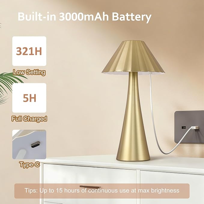 Cordless Rechargeable Table Lamps, Metal LED Desk Lamp with Top Touch Control & Stepless Dimming, Portable Battery-Operated Bedside Lamp for Bedroom, Living Room, Office, Café, Outdoor(Gold)