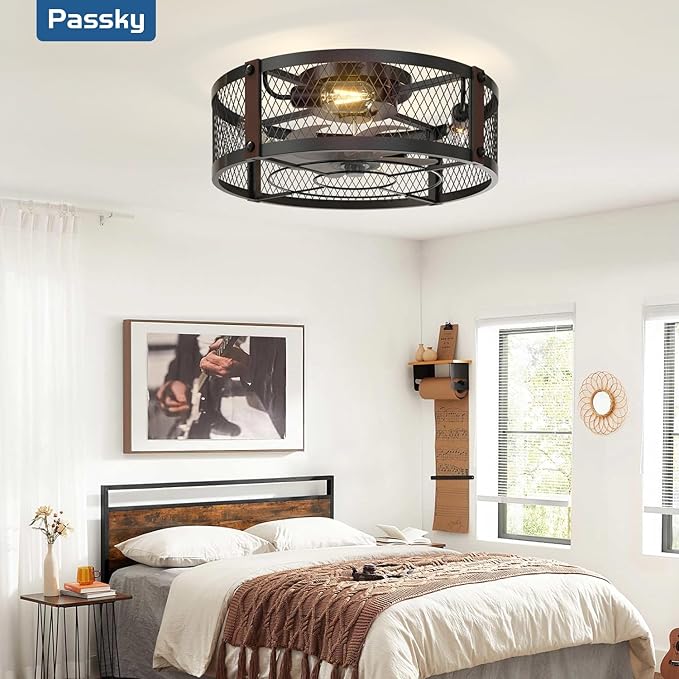 Passky 20" Farmhouse Flush Mount Ceiling Fans with Lights and Remote, Industrial Black Caged Low Profile Fandelier, 6 Speeds Bladeless Ceiling Fan for Bedroom, Kitchen, Living Room