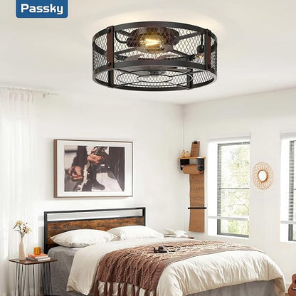 Passky 20" Farmhouse Flush Mount Ceiling Fans with Lights and Remote, Industrial Black Caged Low Profile Fandelier, 6 Speeds Bladeless Ceiling Fan for Bedroom, Kitchen, Living Room