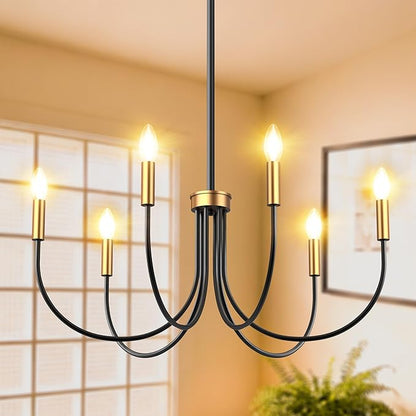 Dining Room Chandelier, ropelux 6-Light Black & Gold Farmhouse Light Fixtures Over Table, Hanging Height Adjustable Kitchen Island Lighting with E12 Base (Bulb not Included) for Foyer Bedroom Entryway