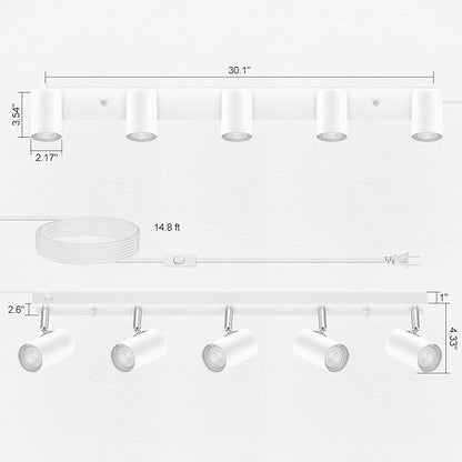 AUQUEE 5 Light Track Lighting Kit,White 5 Way Modern Plug in Ceiling Spotlight,Industrial LED Wall Light for Kitchen Cabinet Gallery Bar Hallway Living Room,Rocker Switch,15 Foot Cord(No Bulb)