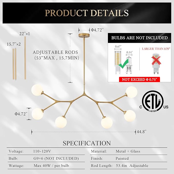 Modern 6 Lights Sputnik Chandelier for Dining Room L45’’ Gold Pendant Light Fixture with Milk Glass Shade Large Mid Century Chandelier for Kitchen Island Bedroom Living Room