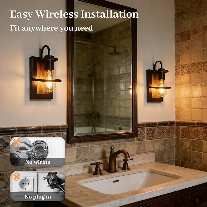 Battery Operated Wall Sconce Set of 2, Wireless Wall Lights with Remote Control, Dimmable 3 Color Temperatures, Rechargeable Wall Sconce with Vintage Faux-Wood Finish for Bedroom Living Room