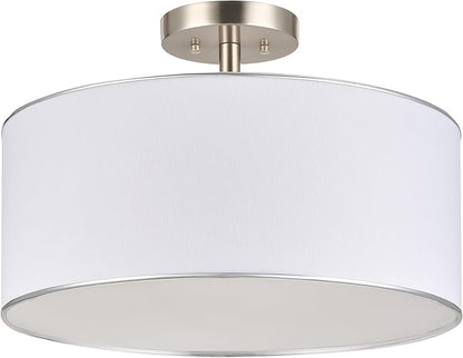 VONLUCE Semi Flush Mount Ceiling Light, 18" Drum Light Fixture with Diffused Shaped, Modern Drum Light Fixture for Bedroom Living Room Entryway Hallway, White Shade & Nickel Finish