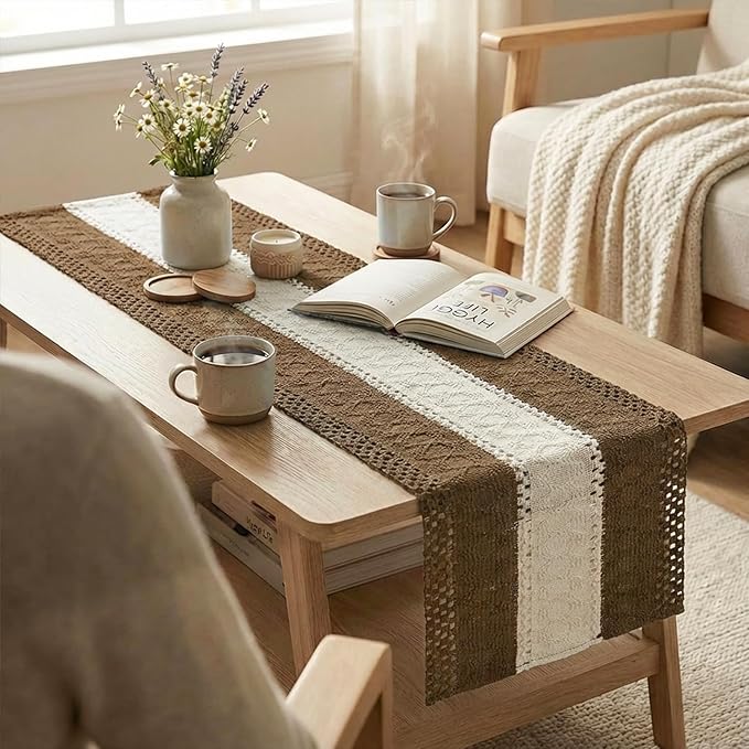 Artoid Mode Light Coffee Farmhouse Rustic Table Runner, Seasonal Hollow Kitchen Dining Table Decoration for Home Party Decor 12x108 Inch