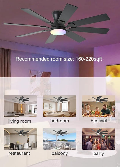 JSAITEE 52 inch Ceiling Fan with Light, 6 Speeds Reversible Low Profile Ceiling Fan with Light and Remote/APP Control, 3 Color Temp+Dimmable RGB, 8 Blades, Flush Mount Quiet Ceiling Fans, Black