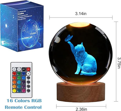 Cat Night Light, Cat Themed Gifts for Girls, K9 3.15 Inch(80mm) Crystal Ball Night Light with 16 Colors Remote Upgraded Lamp for Birthday Xmas Cool Figurines Sympathy Gifts for Room Decor Girls
