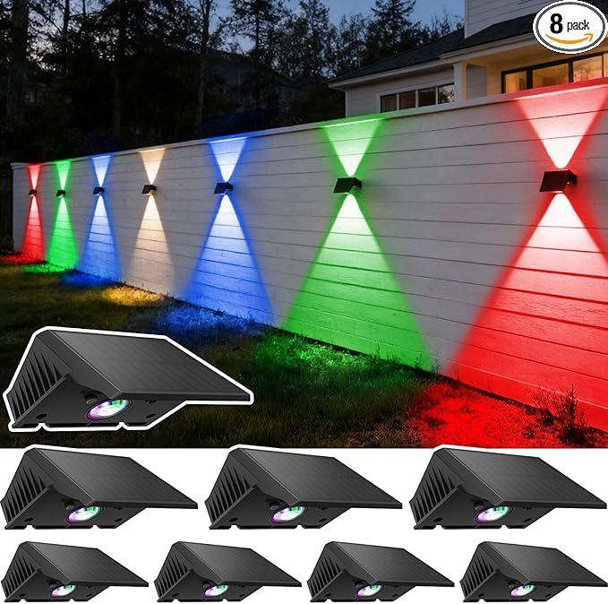 Solar Fence Lights Outdoor, 8 Pack White & RGB Up and Down Solar Wall Lights, IP67 Waterproof LED Dusk to Dawn Solar Powered Fence Lights for Patio, Backyard, Deck, Garden, Yard, Outdoor Wall Decor