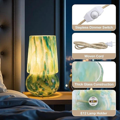 9.8 Inch Mushroom Table Lamp, UL Listed Dimmable Small Desk Bedside Lamp with Woven Beige Cord, Handcrafted Pattern, Murano Home Decor for Bedroom, Living Room, Emerald Teal, No Bulb Included
