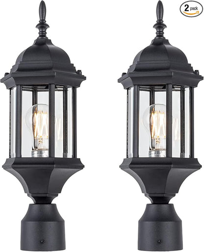 LIT-PaTH Outdoor Post Lighting Fixture Pole Lantern, E26 Medium Base Max 60W, Aluminum Housing Plus Glass, 2-Pack, Black Finish