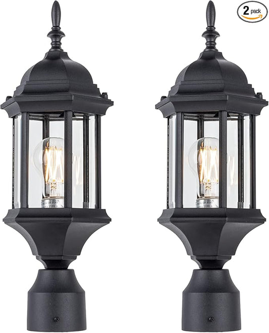 LIT-PaTH Outdoor Post Lighting Fixture Pole Lantern, E26 Medium Base Max 60W, Aluminum Housing Plus Glass, 2-Pack, Black Finish