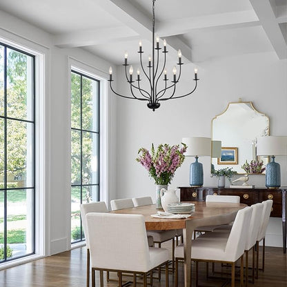 Black Chandelier 12 Light, Large Modern Farmhouse Chandeliers for Dining Room, Industrial Candle Pendant Lighting Fixture for Foyer Hallway Entryway High Ceiling, Bedroom, Living Room, Kitchen E12