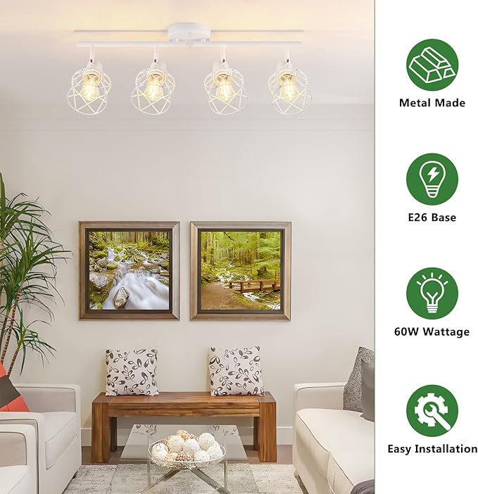 Baocuz 4-Lights Kitchen Light Fixtures Ceiling Mount, Adjustable Multi-Directional White Flush Mount Ceiling Light Fixture with Metal Cage, Modern Spot Ceiling Lamp for Hallway, Dining Room, Bedroom