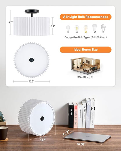 VONLUCE Semi-Flush Mount Ceiling Light, 12.2" Modern 2-Light Ceiling Light Fixture with White Pleated Drum Shade 2 E26 Sockets for Bedroom Entryway Living Room, Black Finish, ETL Certificated