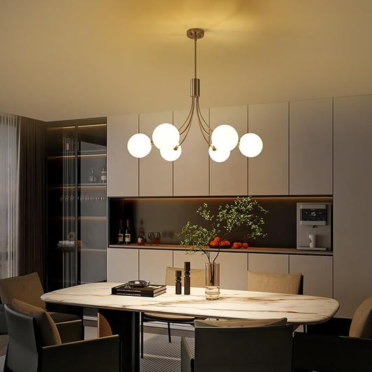 CNRATYE 6-Light Brushed Nickel Chandelier, Modern Dining Room Light Fixture Hanging, Sputnik Chandelier for Living Room Kitchen Island Bedroom Entryway, Milk White Globe Glass Shade