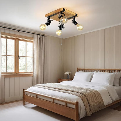 Farmhouse Flush Mount Ceiling Light with Pull Chain,4-Light Directional Ceiling Spotlight Rustic Track Light Kits, Wood Pull String Light Fixtures for Kitchen Bathroom Bedroom Hallway