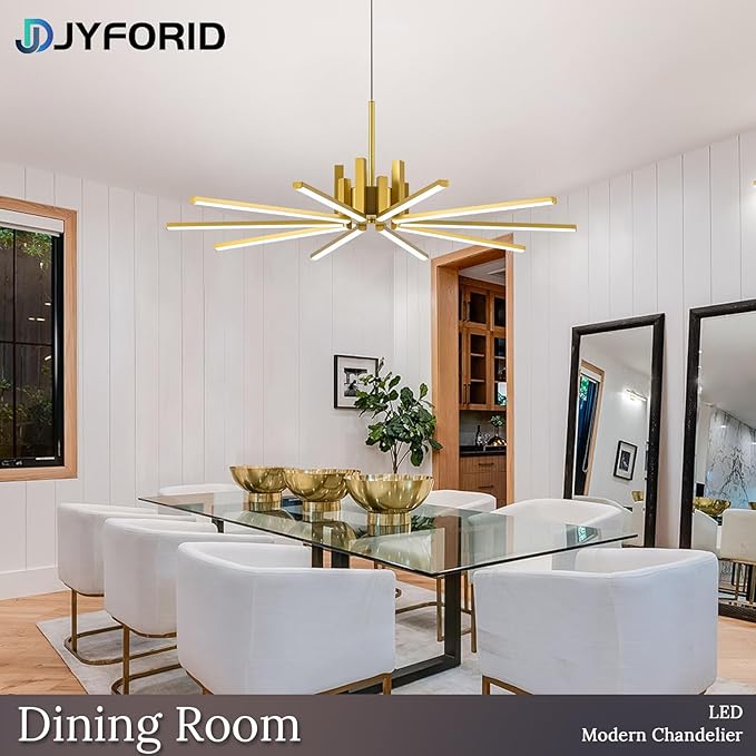 Gold Modern Sputnik Chandelier with Remote Control, 56W 3-Color Temperature Dimmable LED Chandelier for Dining Room, Hanging Adjustable Pendant Light for Living Room Kitchen Foyer Entryway