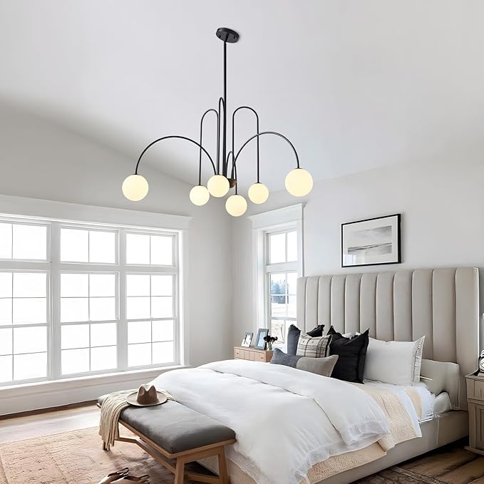Modern Black Sputnik Chandelier 6-Light Mid Century Chandelier for Dining Room with Milky Glass Globe Ceiling Pendent Light Fixture for Living Room Kitchen Island Foyer Bedroom