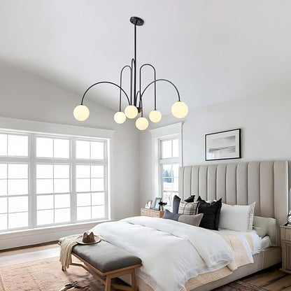 Modern Black Sputnik Chandelier 6-Light Mid Century Chandelier for Dining Room with Milky Glass Globe Ceiling Pendent Light Fixture for Living Room Kitchen Island Foyer Bedroom