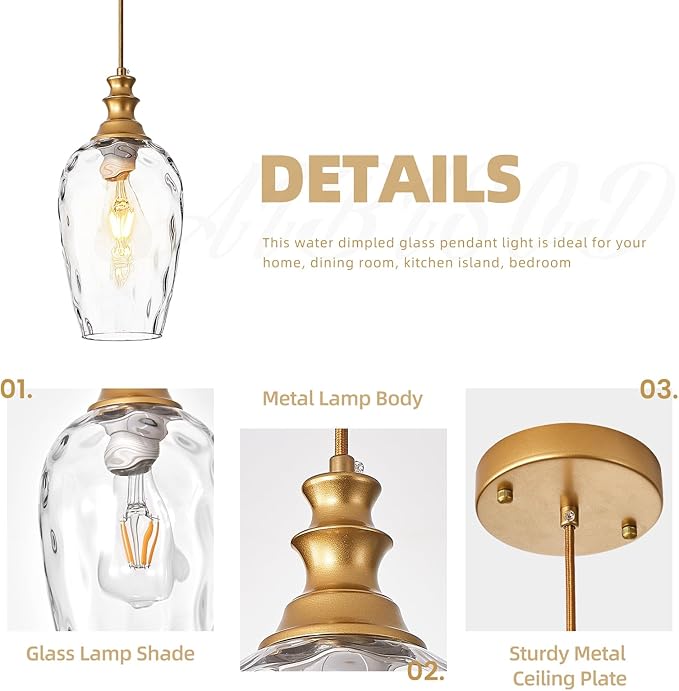 Pendant Lights Kitchen Island, Brushed Gold Modern Pendant Light Fixtures, Adjustable Cable Hanging Lighting with Hand-Blown Glass Shade & E26 Base for Bedroom, Hallway, Dining Room, 2 Pack