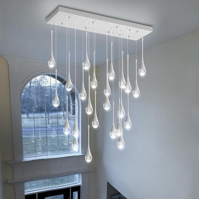 24-Lights Raindrop Chandeliers for Dining Room, Chrome Rectangular Pendant Lights Fixture,Teardrop Pendant Lights Kitchen Island, Adjustable Rectangular Chandelier for Entryway Foyer High Ceiling