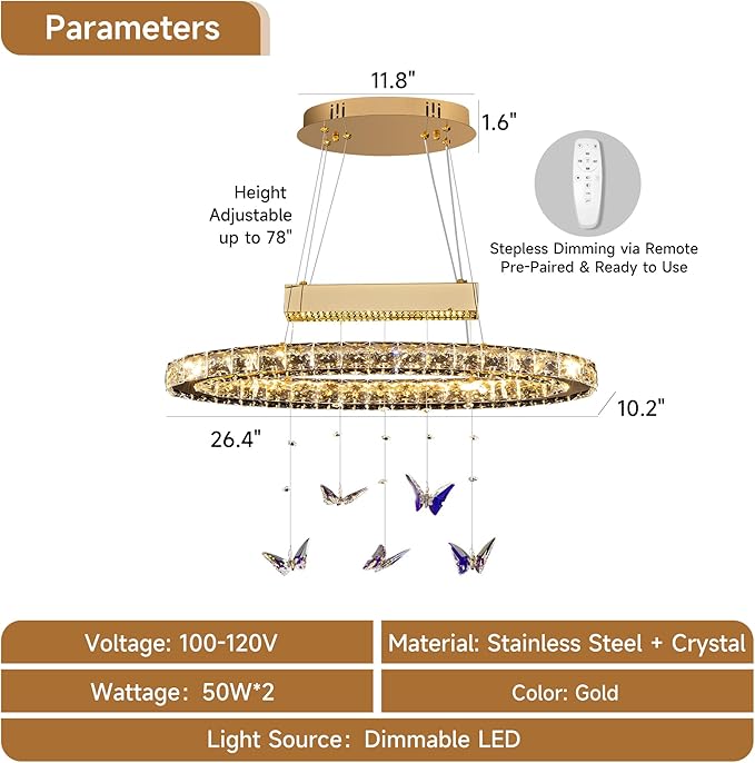 L 24" LED Gold Crystal Butterfly Chandelier, Dimmble LED Light Fixtures with Remote, Gold Modern Oval Crystal Chandeliers, for Dining Room, Kitchen Island, Entryway, Living Room, Bedroom