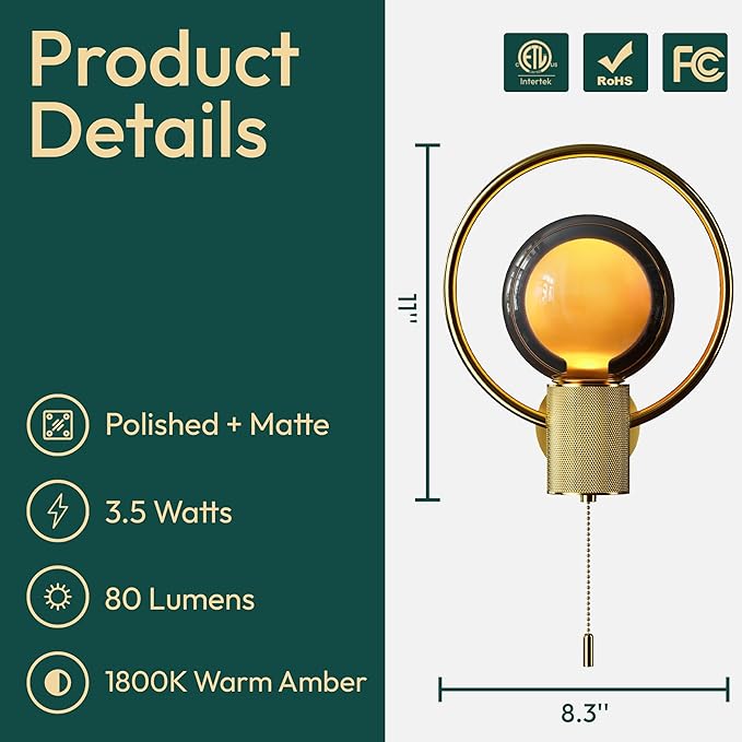 ALAMPEVER Modern Wall Sconce with Pull Chain, Metal Gold Wall Lights with G125 Glass Globe Bulb, Wall Mount Light for Enhancing Indoor Ambience in Bedroom, Living Room, and Hallway, 1 Pack