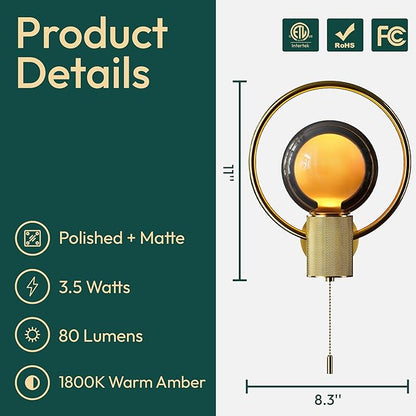 ALAMPEVER Modern Wall Sconce with Pull Chain, Metal Gold Wall Lights with G125 Glass Globe Bulb, Wall Mount Light for Enhancing Indoor Ambience in Bedroom, Living Room, and Hallway, 1 Pack