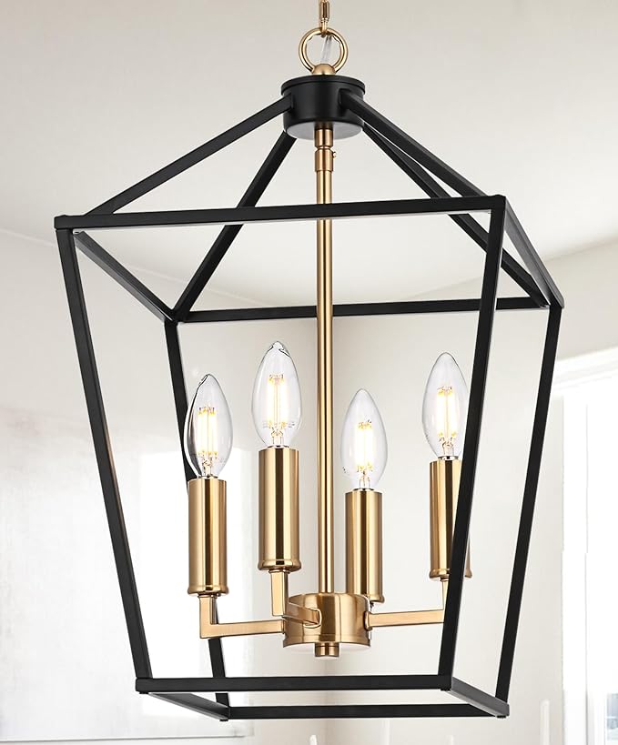 MELUCEE 4-Light Farmhouse Cage Pendant Light in Black Vintage Chandelier Lantern Hanging Light Fixtures Ceiling with Brass Candle-Shaped Socket for Kitchen Island, Dining Room, Foyer