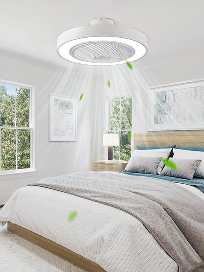 LEDIARY 22in Enclosed Ceiling Fan with Light and Remote, White Modern Bladeless Ceiling Fan with Bright Light, Led Flush Mount Ceiling Fans for Bedroom, Living Room, Kid Room(6 Speeds, 3000-6000K)