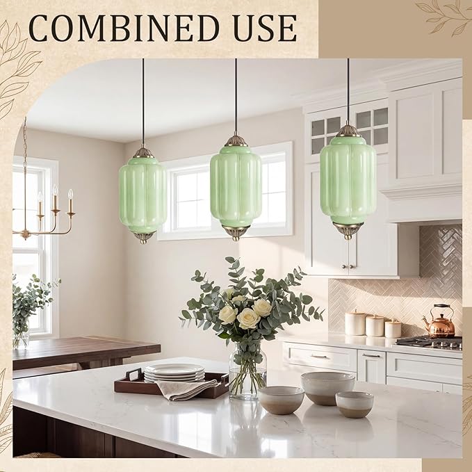 Gerrii 2 Pack Vintage Milk Glass Pendant Lights 5.5″ Green Brass Ceiling Hanging Light Fixtures Antique Pendant Lighting for Kitchen Island, Dining Room, Bedroom, Hallway, E12 Bulb Included