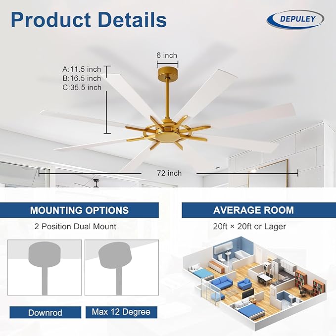 Ceiling Fan Without Light: 72 Inch Big Indoor Outdoor Fan with Remote APP Control - Brass White Large Ceiling Fan no Light 8 Blade Reversible Quiet DC Motor Memory Function Timer