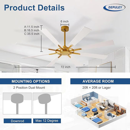 Ceiling Fan Without Light: 72 Inch Big Indoor Outdoor Fan with Remote APP Control - Brass White Large Ceiling Fan no Light 8 Blade Reversible Quiet DC Motor Memory Function Timer