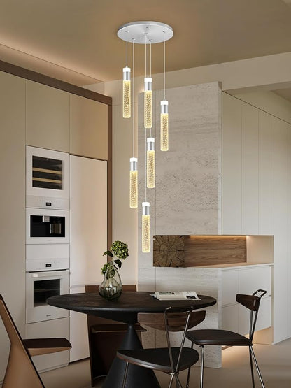 Long Crystal Column Chandelier for High Ceiling Modern LED Crystal Raindrop Chandeliers for Living Room Foyer Chandelier Lighting,3000k-6000K,6-Light Silver