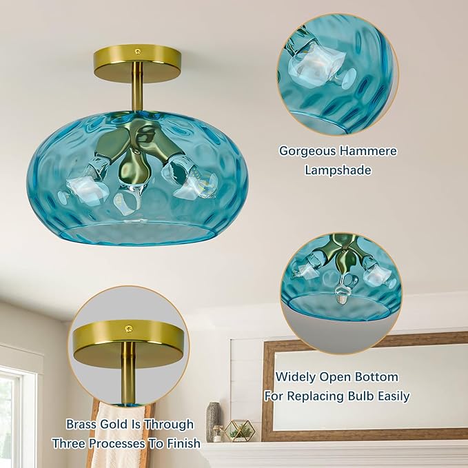 Luafac Blue Glass Semi Flush Mount Ceiling Light - 12 Inch Hammered Glass Hallway Light fixtures Ceiling, Vintage Gold Flush Mount Ceiling Light,Mid Century Light Fixture for Bedroom Entryway Kitchen