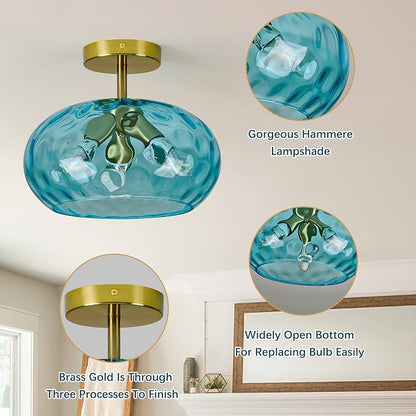 Luafac Blue Glass Semi Flush Mount Ceiling Light - 12 Inch Hammered Glass Hallway Light fixtures Ceiling, Vintage Gold Flush Mount Ceiling Light,Mid Century Light Fixture for Bedroom Entryway Kitchen