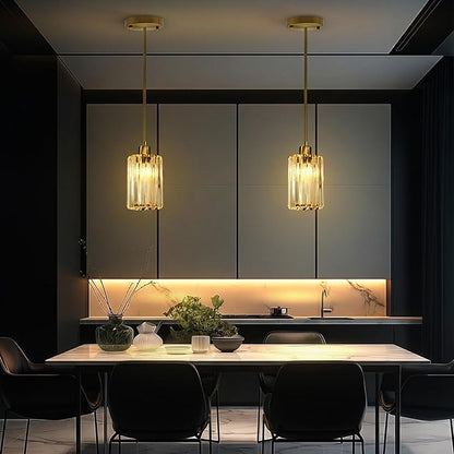 3-Pack Gold Crystal Pendant Lights for Kitchen Island, Adjustable Modern Hanging Light Fixtures for Flat or Sloped Ceiling, E26 Mini Pendant Lights with Crystal Glass Shade for Dining Room Bar
