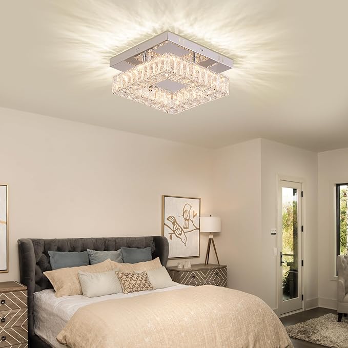 Dimmable Square Crystal Chandelier LED Mini Ceiling Light with Remote Flush Mount Small Chandelier Light for Hallway Foyer Kitchen Stair Closet, 3 Colors Adjustable Dimmable