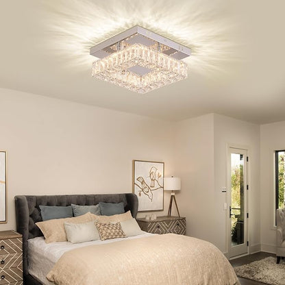 Dimmable Square Crystal Chandelier LED Mini Ceiling Light with Remote Flush Mount Small Chandelier Light for Hallway Foyer Kitchen Stair Closet, 3 Colors Adjustable Dimmable