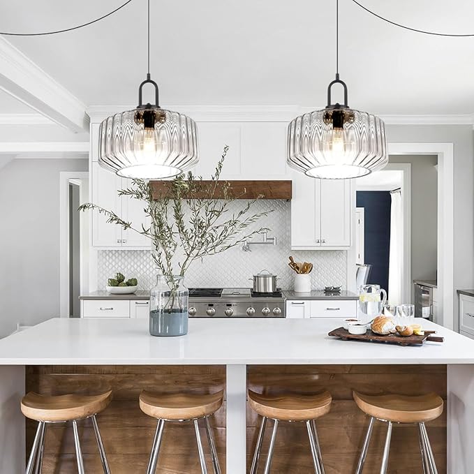 Plug in Hanging Pendant Light Bedroom Plug in Pendant Lamp Globe Hanging Lights with Plug in Cord Kitchen Mid Century Modern Ceiling Light fixtures Clear Striped Glass Swag Lights