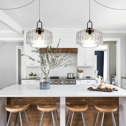 Plug in Hanging Pendant Light Bedroom Plug in Pendant Lamp Globe Hanging Lights with Plug in Cord Kitchen Mid Century Modern Ceiling Light fixtures Clear Striped Glass Swag Lights