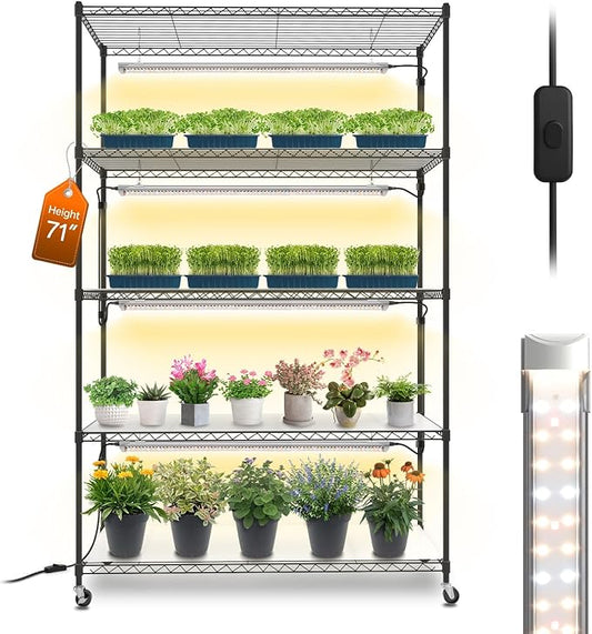 Bstrip Plant Shelf with Grow Light, 5 Tier Large Tall Plant Stand with 3FT T8 120W Grow Light for Indoor Plants, Full Spectrum LED Plant Light with Wheel for Seedling, (47.2" Lx17.8 Wx71 H)