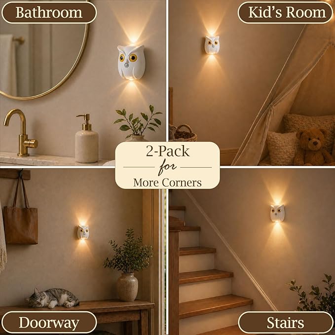 2-Pack White Owl Wall Lamp, Cute LED Night Light for Bedroom Decor, Warm Ambient Lighting for Kids Room, Nursery & Hallway, Creative Animal Wall Light, Gift for Home Decoration