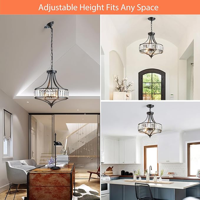 Black Crystal Chandeliers for Dining Room, Round Rustic Farmhouse Chandelier with Metal Shade 4-Light Modern Pendant Lighting for Hallway, Bedroom, Foyer