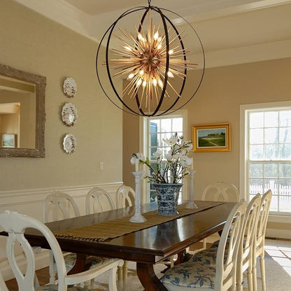 31.5" Black Gold Large Globe Sputnik Chandelier, 16-Light Mid Century Modern Industrial Starburst Golden Metal Satellite Light Fixture for High Ceiling Living Room Dining Room Foyer, E12